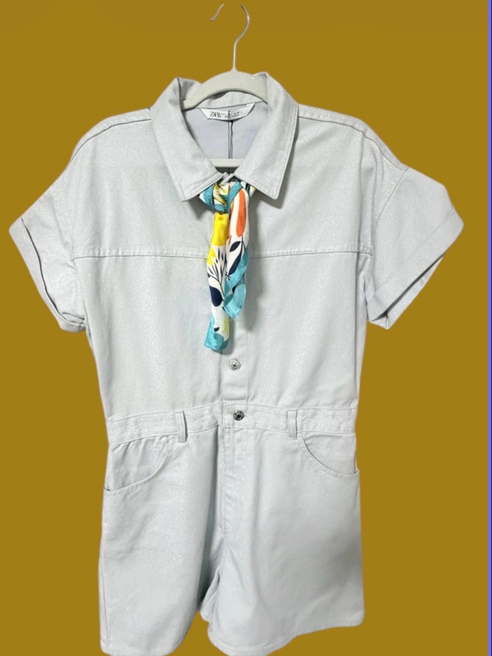 Zara Light Blue Shimmer Collared Top with Multicolor Accent